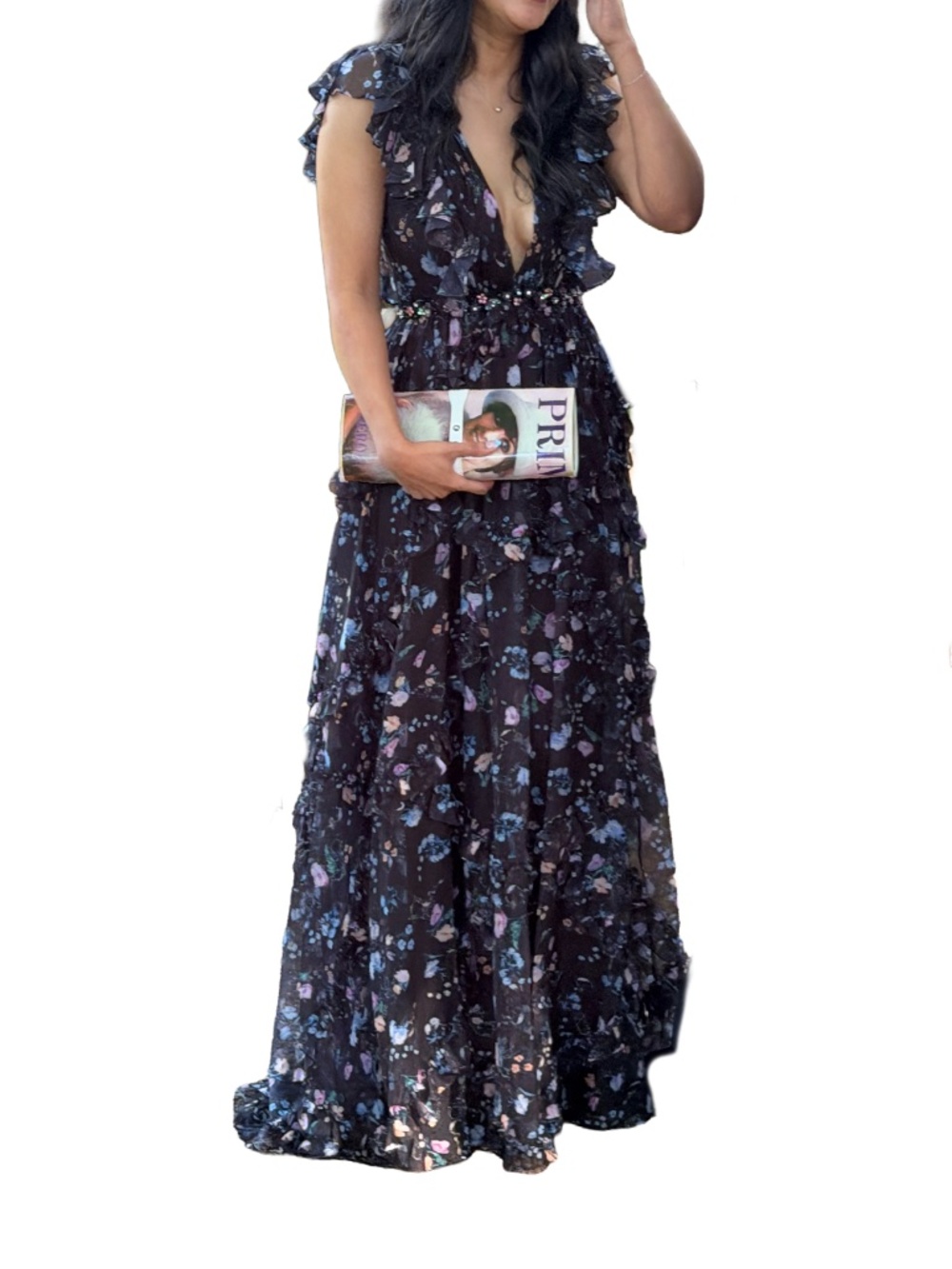 Floral V-Neck Ruffle Gown